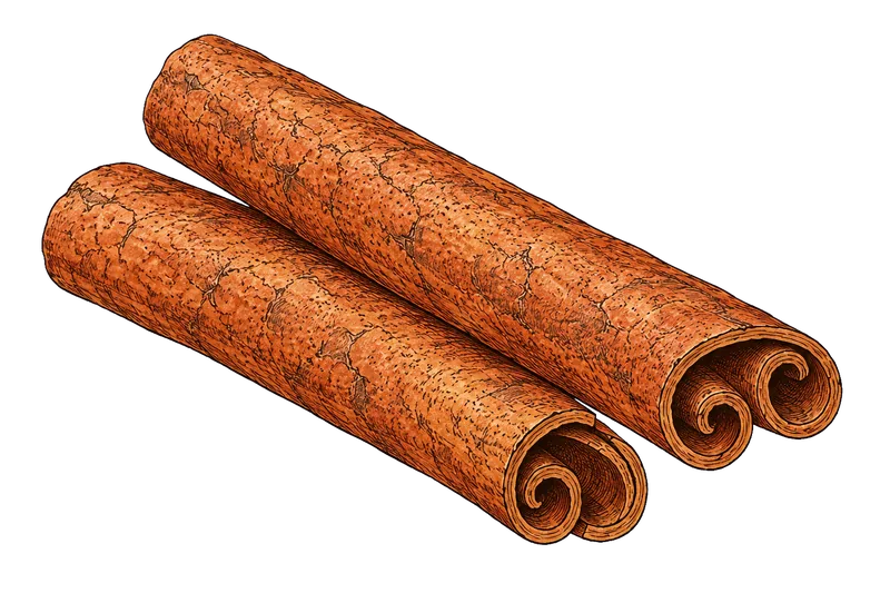 Cassia cinnamon sticks, one thick bark layer curled from both edges