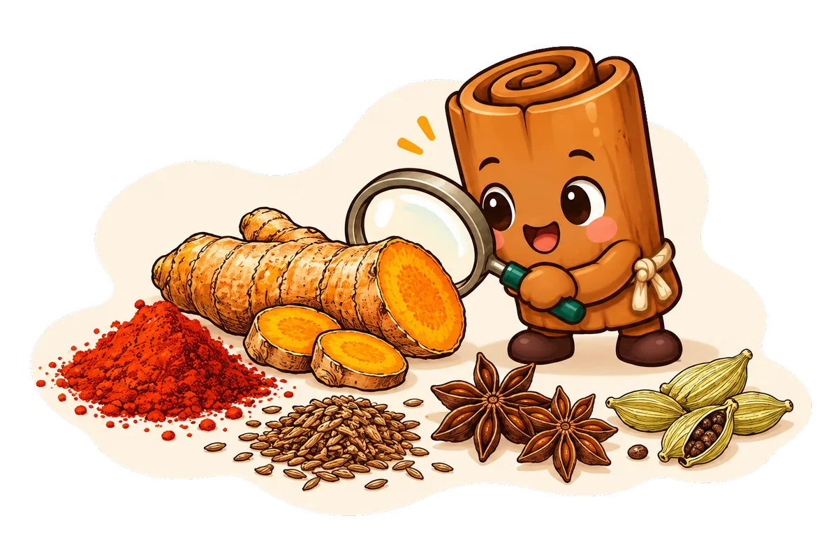 The KnowTheSpices cinnamon stick looking at a turmeric root through a magnifying glass, among paprika, cumin seeds, star anise and green cardamom