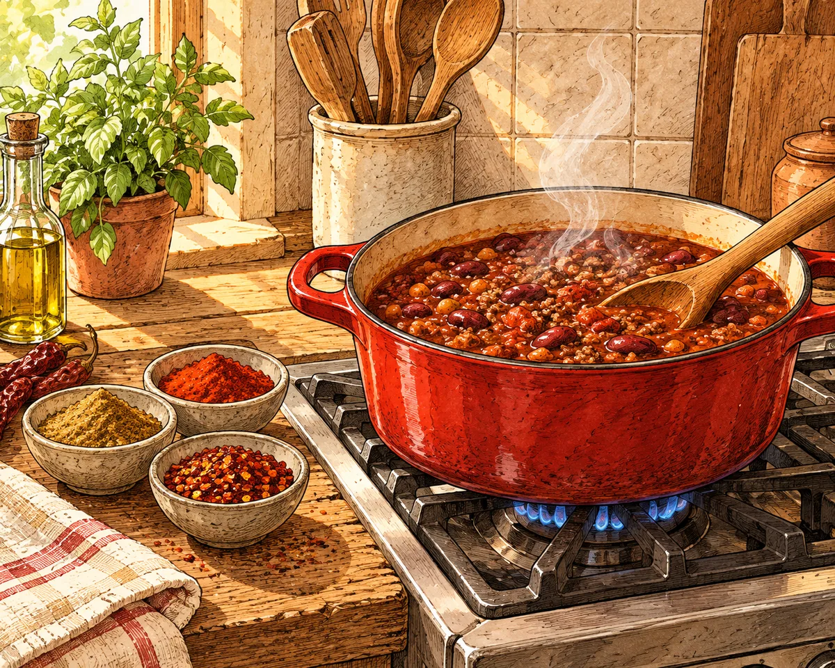 A pot of chili simmering on a stove with bowls of cumin, paprika and chili flakes