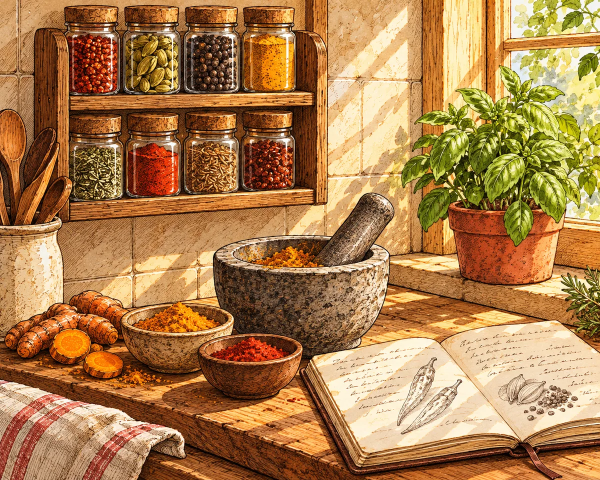 A kitchen spice rack of glass jars above a counter with an open notebook and a stone mortar