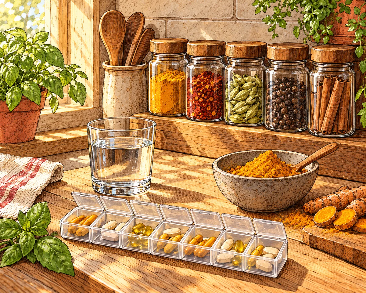 Spice jars on a kitchen shelf beside a weekly pill organiser and a glass of water