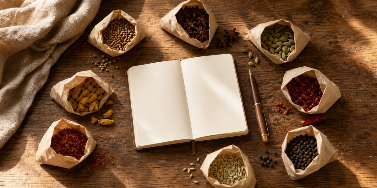 Writing desk with notebooks and spice packets in warm natural light