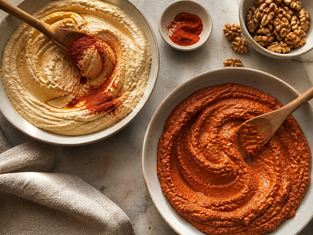 Paprika and cayenne blend folded evenly into hummus and muhammara - Aleppo pepper substitute for dips | KnowTheSpices