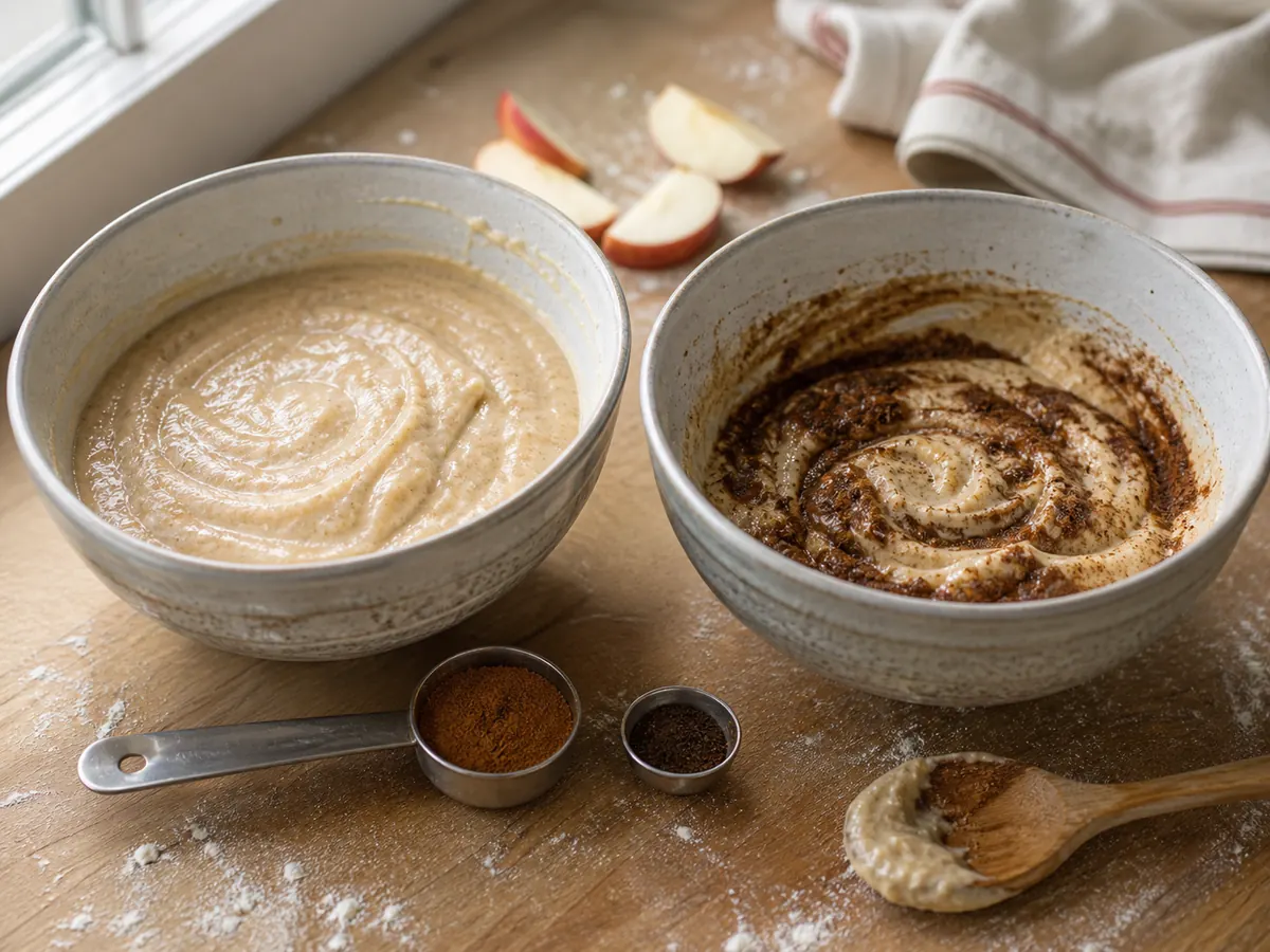 Balanced cinnamon and clove mixture beside a darker clove-heavy cake batter sample - allspice substitute for baking | KnowTheSpices