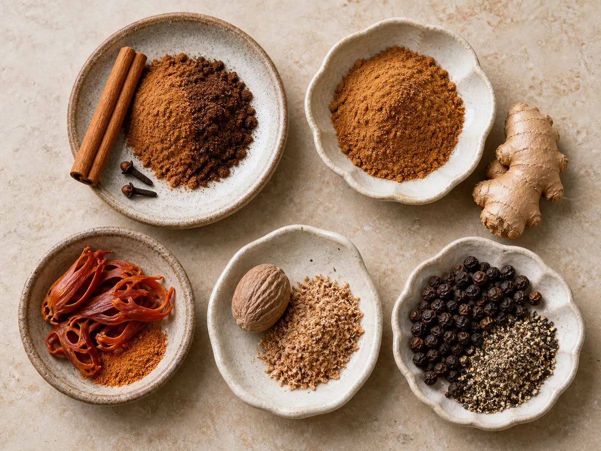 Measured cinnamon, cloves, pumpkin pie spice, mace, nutmeg, and black pepper in five ceramic dishes - allspice substitutes | KnowTheSpices