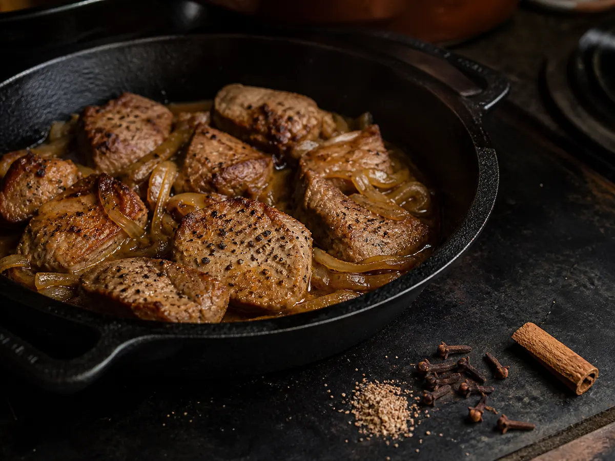 Black pepper, nutmeg, and cinnamon seasoning on browned meat beside a small braising pot - savory allspice substitute | KnowTheSpices