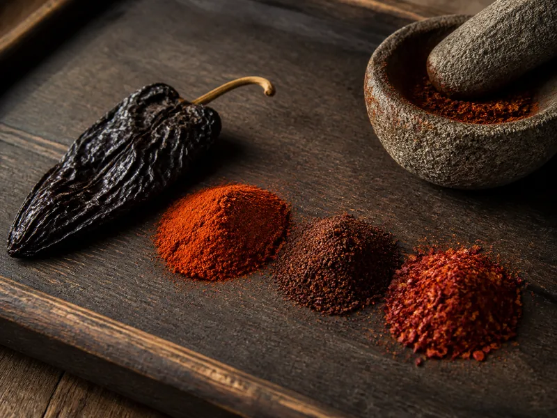 Whole dried ancho chile with paprika, chipotle powder, and Aleppo pepper on a dark prep tray - ancho chili powder substitutes | KnowTheSpices