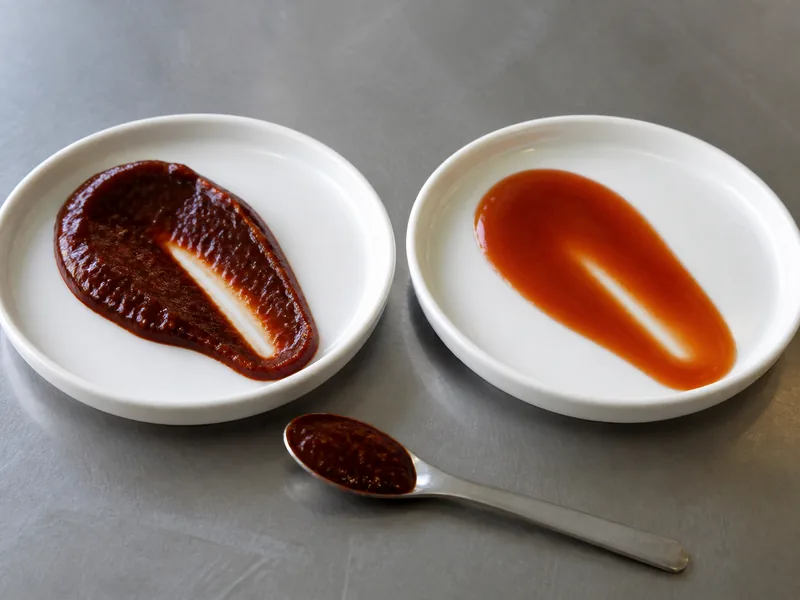 Thick rehydrated ancho puree beside a thinner paprika-colored sauce on white tasting plates - ancho sauce body | KnowTheSpices