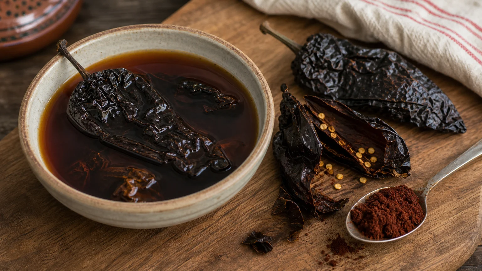 Dried ancho chiles soaking in dark red liquid with seeds and ancho powder on a wooden board
