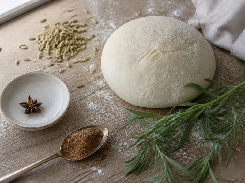 Fennel seeds, star anise, Chinese five-spice, and tarragon beside seeded bread dough - anise seed substitutes | KnowTheSpices