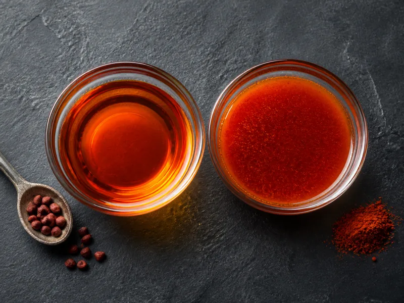 Clear strained annatto oil beside cloudy paprika and turmeric oil with sediment - annatto infusion substitute | KnowTheSpices