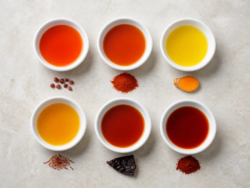 Annatto-orange oil beside paprika, turmeric, saffron, ancho, and smoked paprika oil swatches - annatto seed substitutes | KnowTheSpices