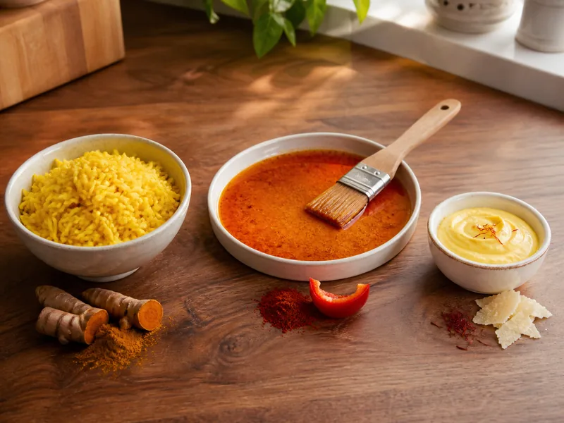 Golden rice, orange cheese sauce, and red chile marinade showing annatto substitute color carriers - annatto color alternatives | KnowTheSpices