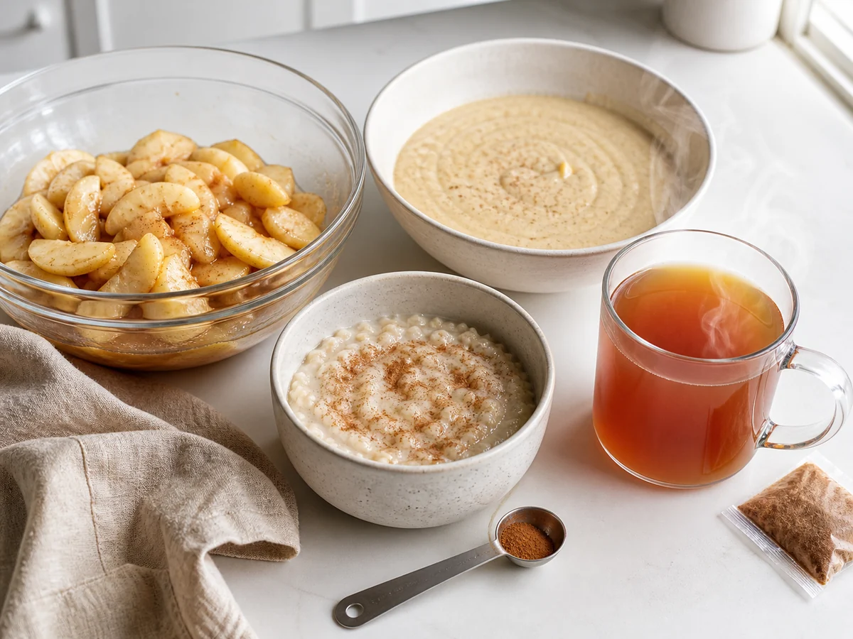 Apple filling, cake batter, oatmeal, and hot cider showing different ways apple spices disperse