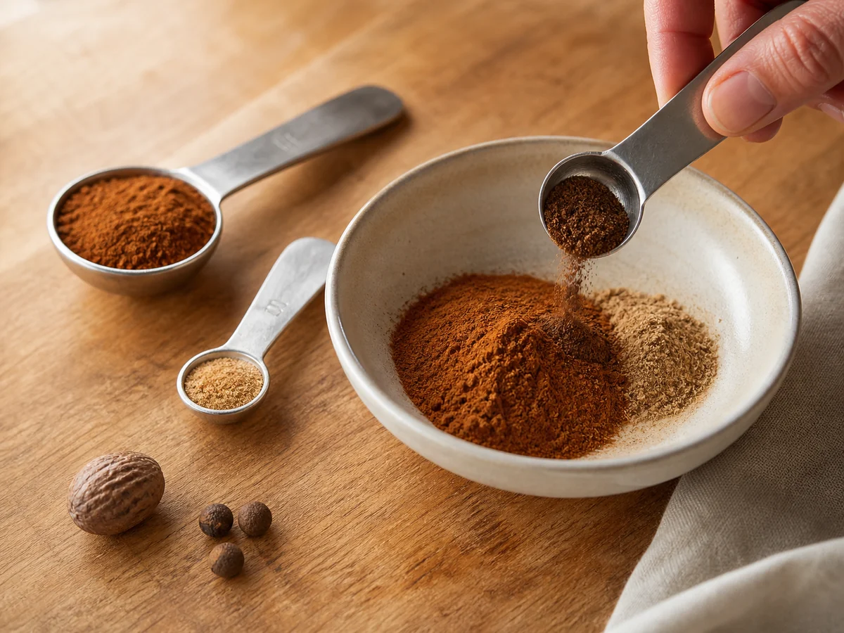 Measured cinnamon, nutmeg, and allspice being combined in a bowl for apple pie spice