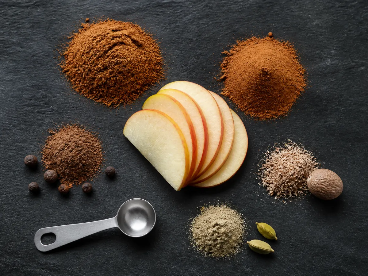 Five apple pie spice substitutes arranged around sliced apple with allspice berries, nutmeg, and cardamom pods