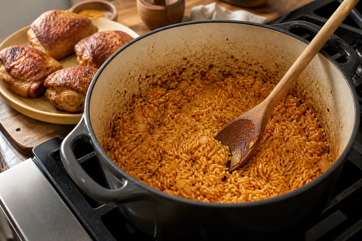 Browned chicken beside long-grain rice coated in orange sazón oil in a Dutch oven