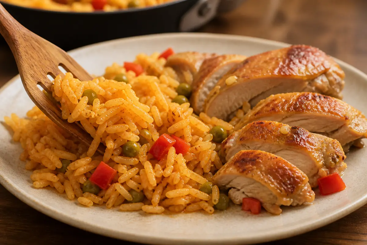 Fluffy orange long-grain rice beside sliced fully cooked browned chicken
