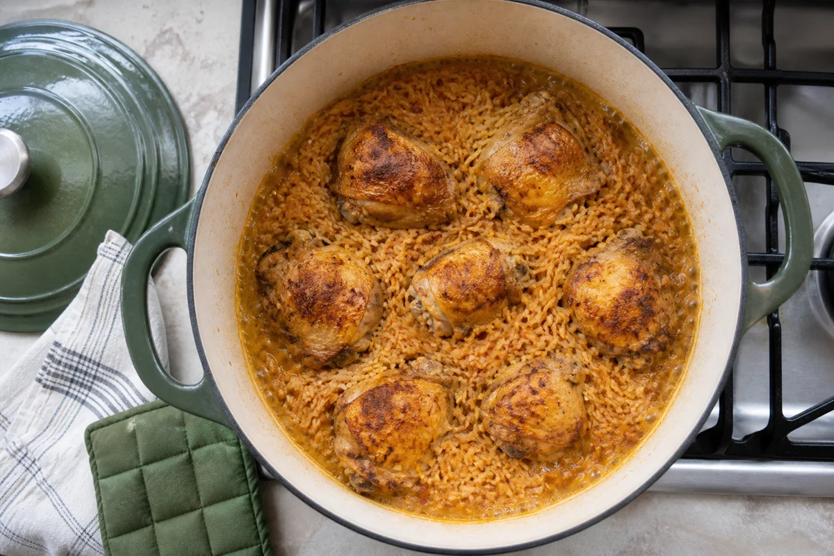 Overhead Dutch oven with browned chicken on nearly hydrated orange rice and a narrow ring of simmering stock