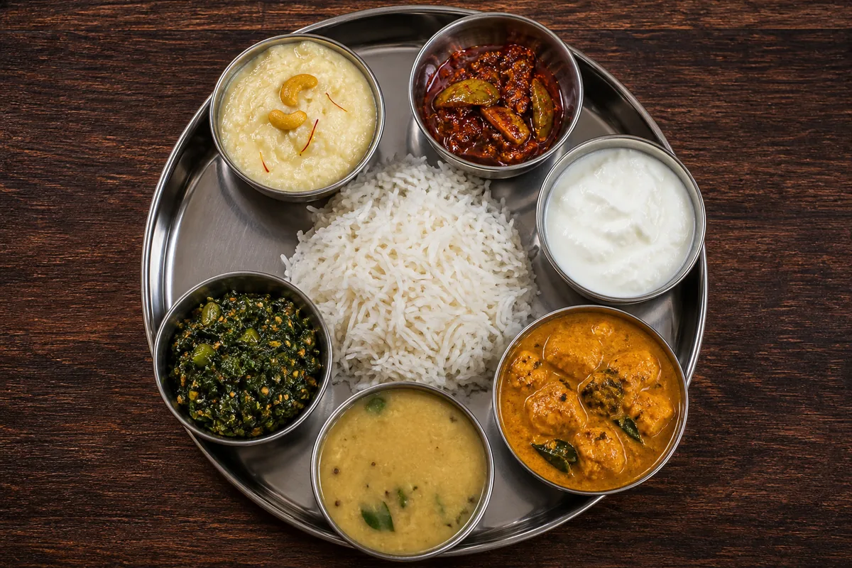 A round metal thali tray holding six small bowls, each with a different component - a sweet, a sour pickle, salt, a pungent spiced dish, a bitter vegetable and a plain astringent one - the six tastes of an Ayurvedic meal | KnowTheSpices