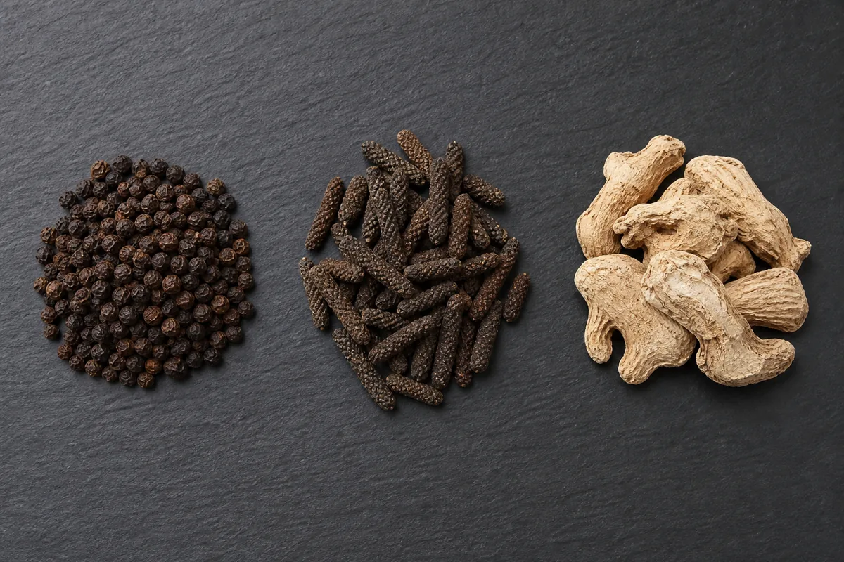 Black peppercorns, long dark catkin-shaped long pepper and dried ginger arranged in three groups on a dark surface - the trikatu group of Ayurvedic pungents | KnowTheSpices