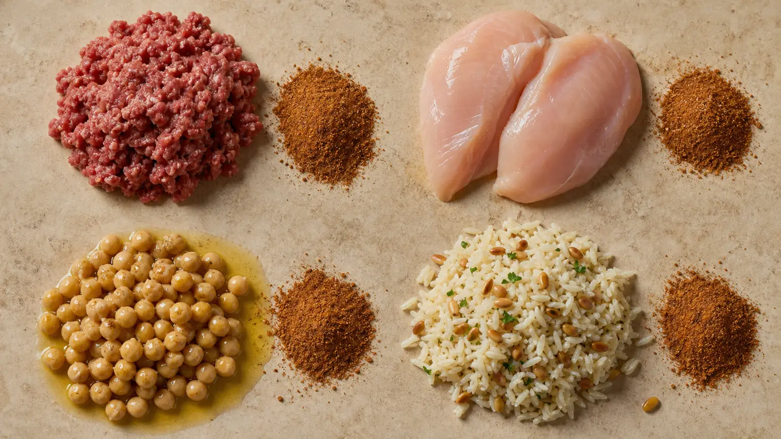 Ground meat, chicken breast, chickpeas, and rice pilaf each shown with a measured mound of baharat
