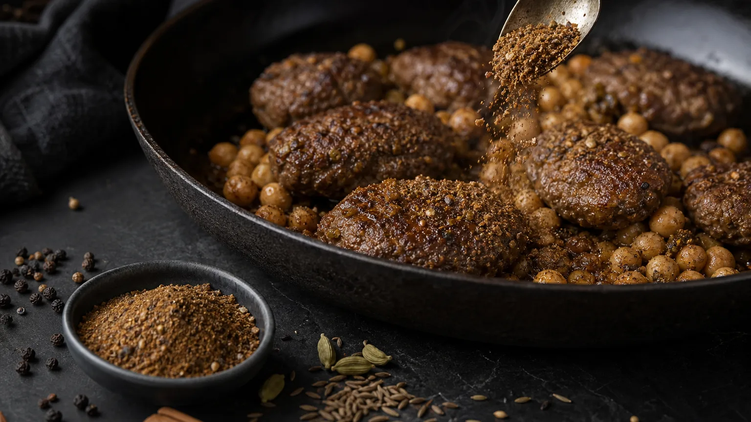 Baharat seasoning added to lamb kofta and chickpeas with warm spices nearby