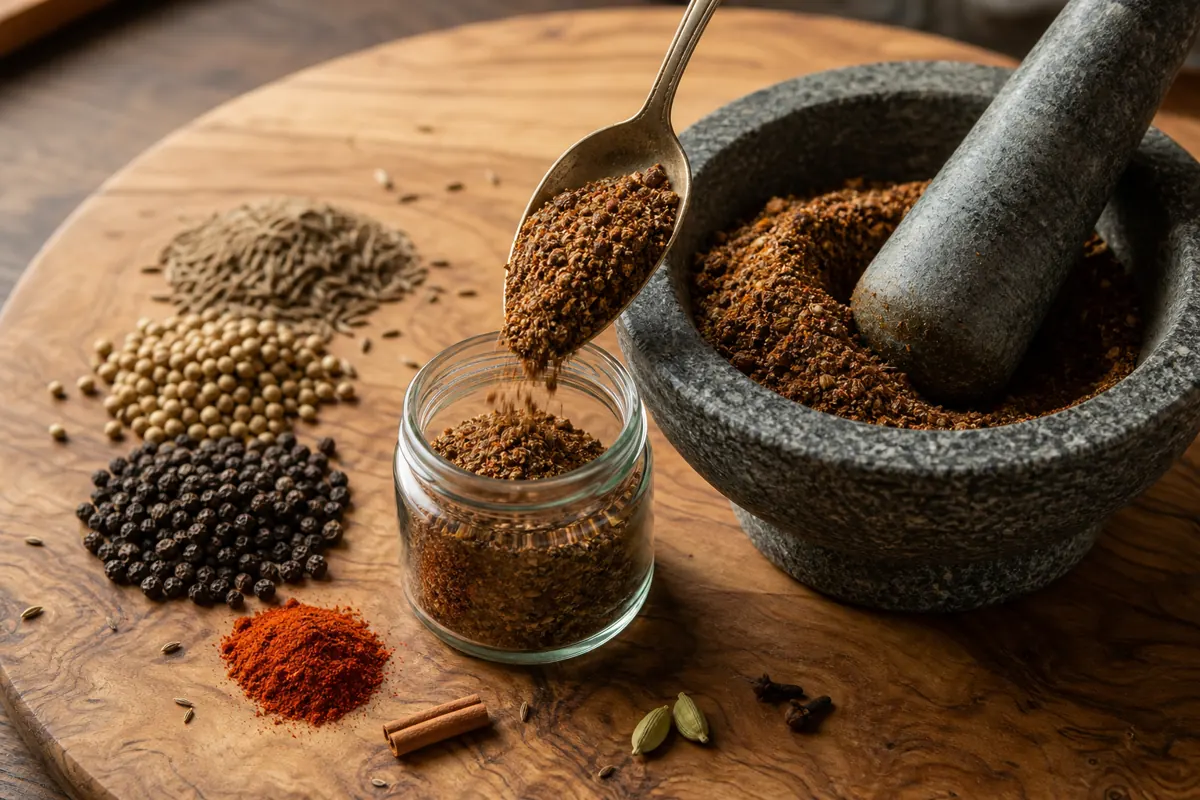 Fresh pepper-led baharat ground in a stone mortar and spooned into a small jar - homemade baharat | KnowTheSpices