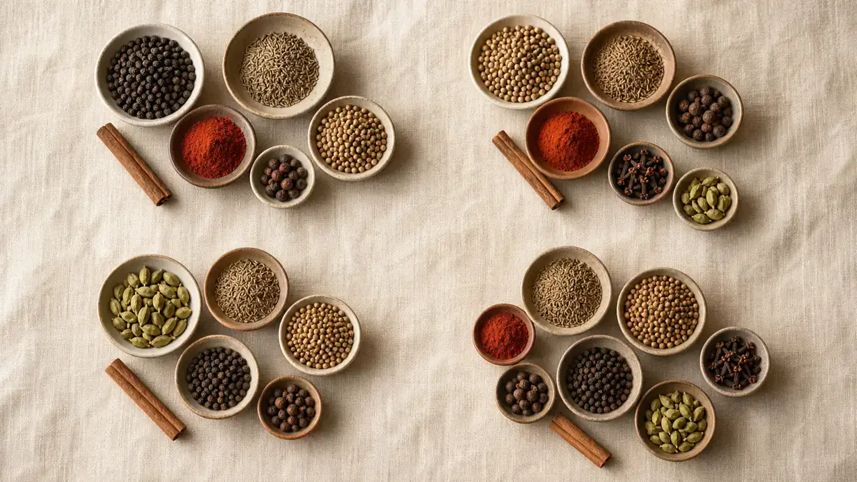 Four overhead spice clusters showing pepper-led, sweet-spice-led, cardamom-led, and cumin-led baharat routes