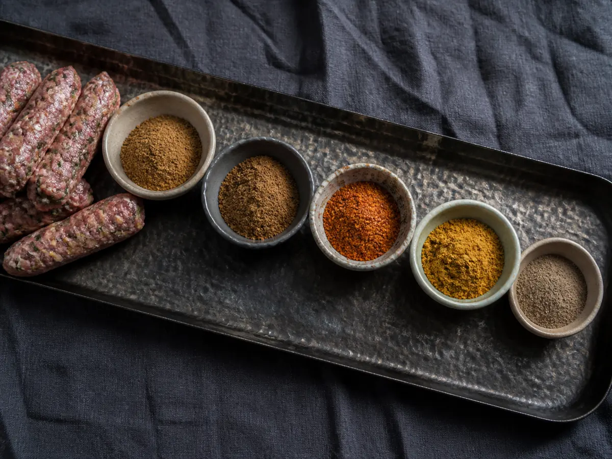 Ras el hanout, garam masala, berbere, curry powder, and allspice beside raw kofta - baharat substitutes | KnowTheSpices