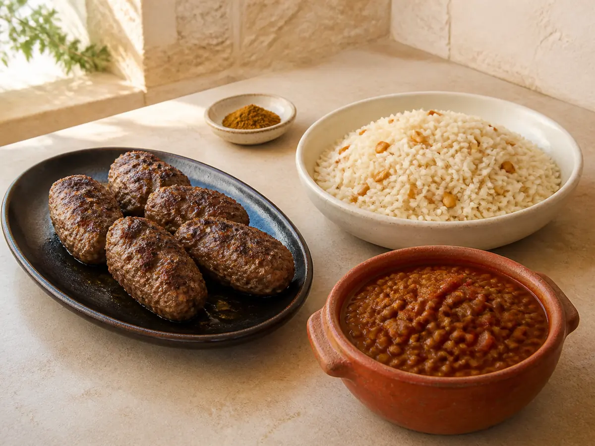 Browned kofta, pale rice, and tomato lentils showing three uses for baharat substitutes - baharat substitute applications | KnowTheSpices