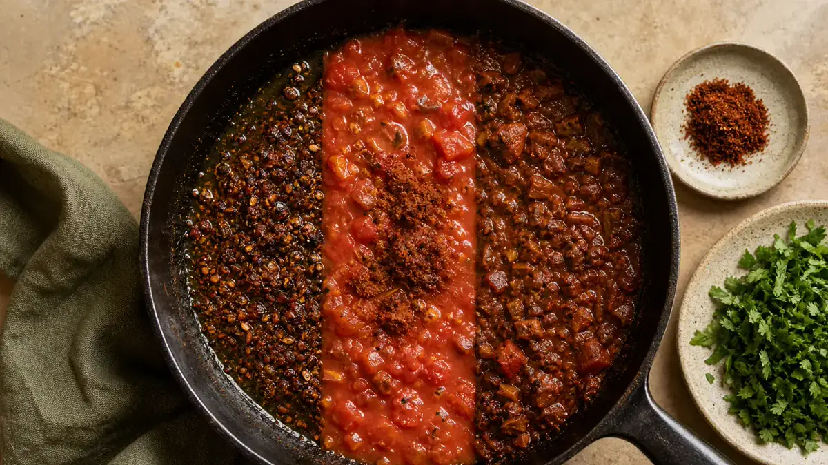 Baharat shown in oil, tomato sauce, and a finished herb stage to explain cooking timing
