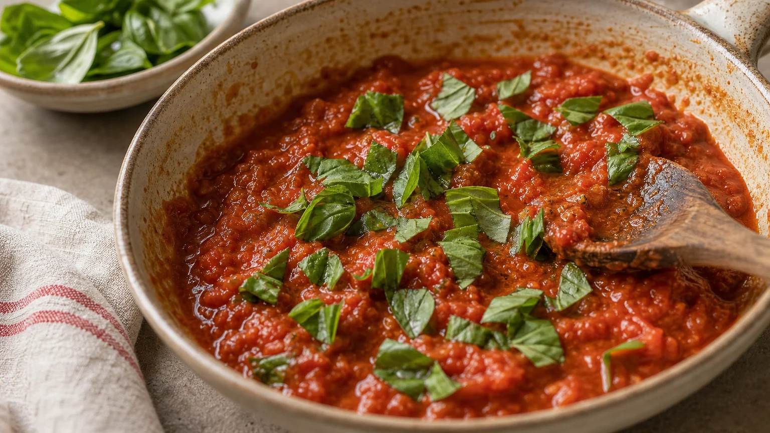 Fresh Genovese basil leaves torn over a finished pan of tomato sauce just off the heat
