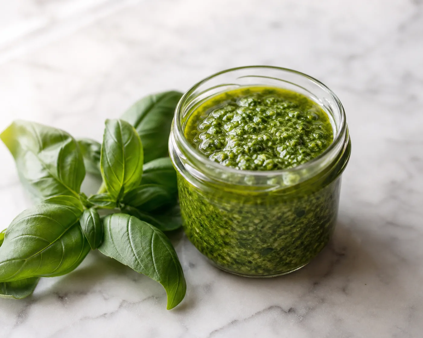 A jar of fresh green basil pesto with a film of olive oil on top beside a bunch of basil