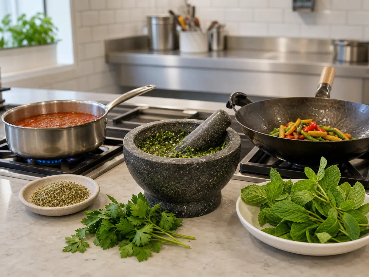 Tomato sauce, parsley green sauce, and wok vegetables showing different basil replacement jobs - basil substitutes by dish | KnowTheSpices