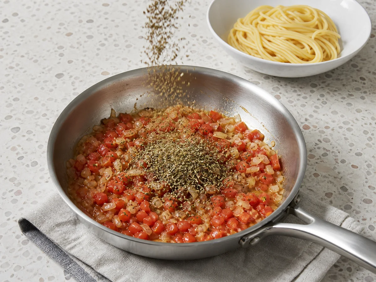 Mixed dried herbs entering softened onion and tomato before pasta is added - basil substitutes | KnowTheSpices