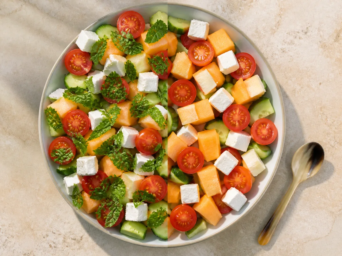 Melon tomato cucumber and cheese salad with mint on only one half - basil substitutes | KnowTheSpices