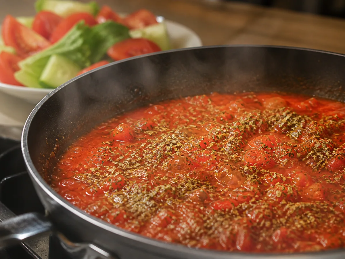 Dried oregano hydrating in simmering tomato sauce with salad left ungarnished - basil substitutes | KnowTheSpices