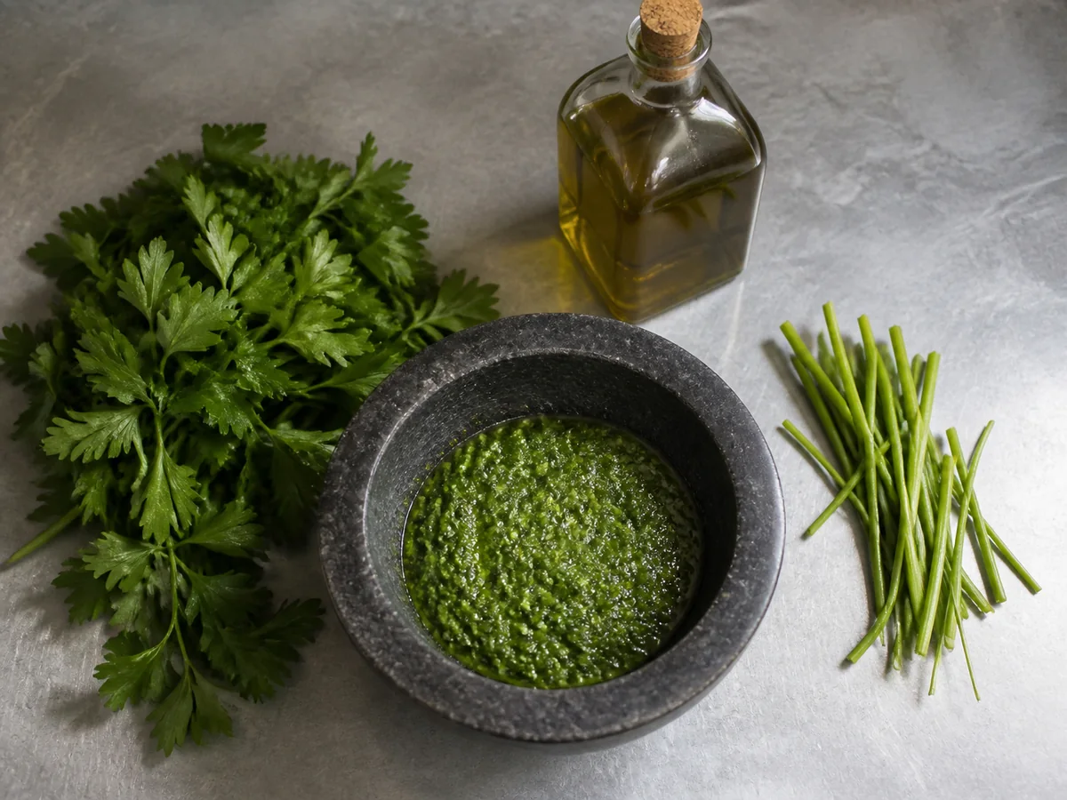Parsley leaf sauce in a stone mortar with tender tops and thick stems separated - basil substitutes | KnowTheSpices