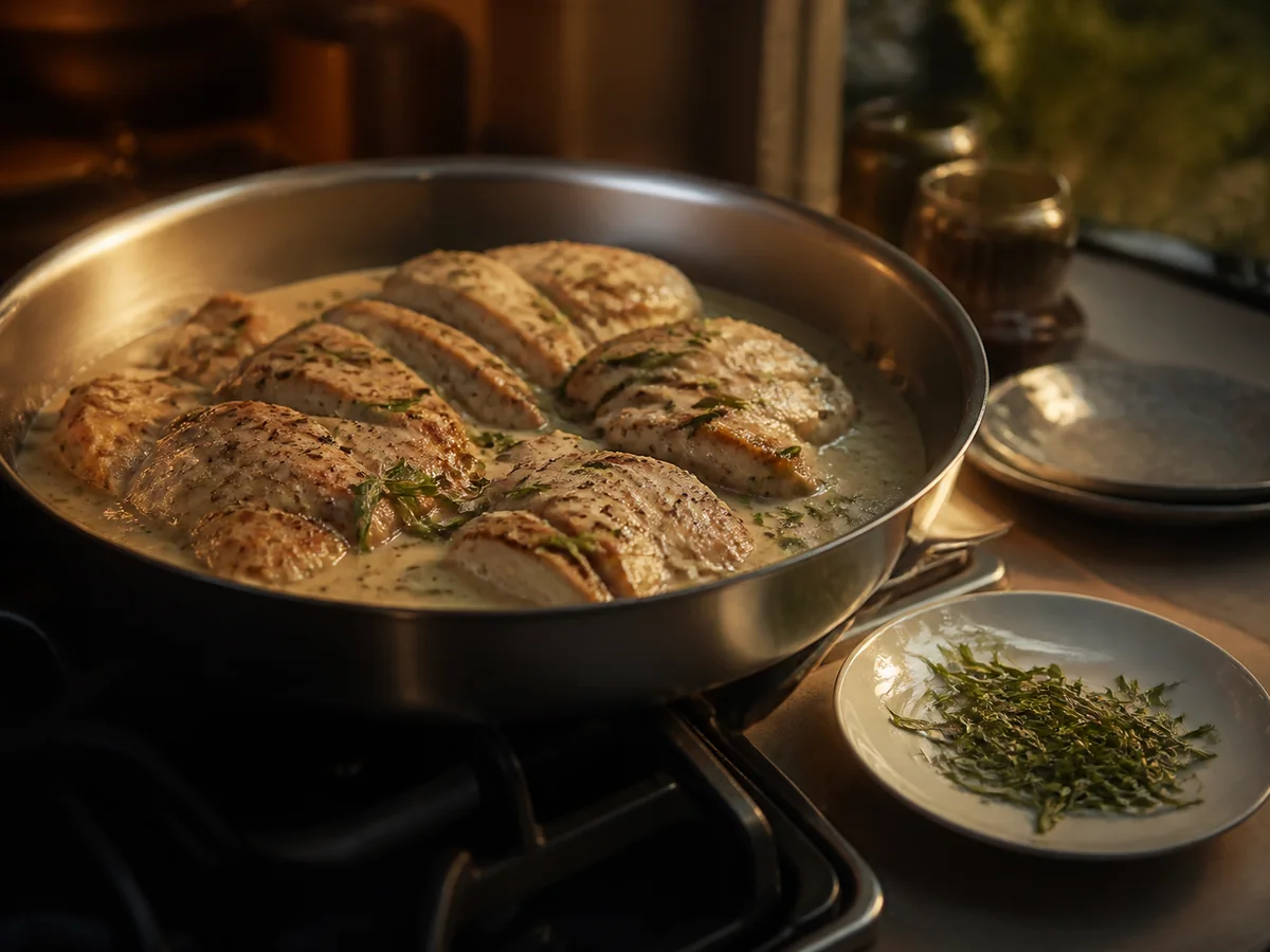 A restrained tarragon scatter on chicken in cream sauce with most leaves held aside - basil substitutes | KnowTheSpices