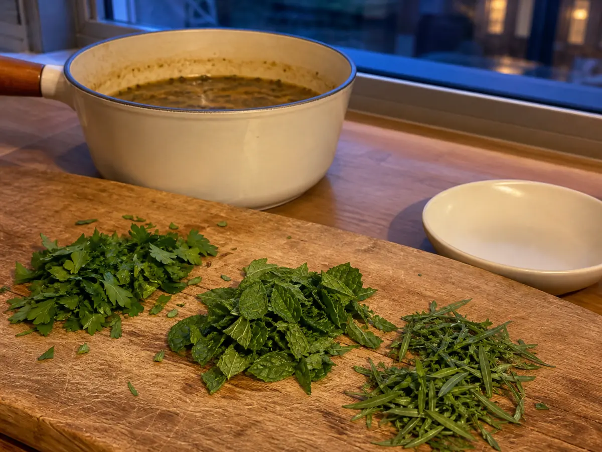 Fresh parsley, mint, and tarragon beside a saucepan with cooked herb flecks - timing basil substitutes | KnowTheSpices