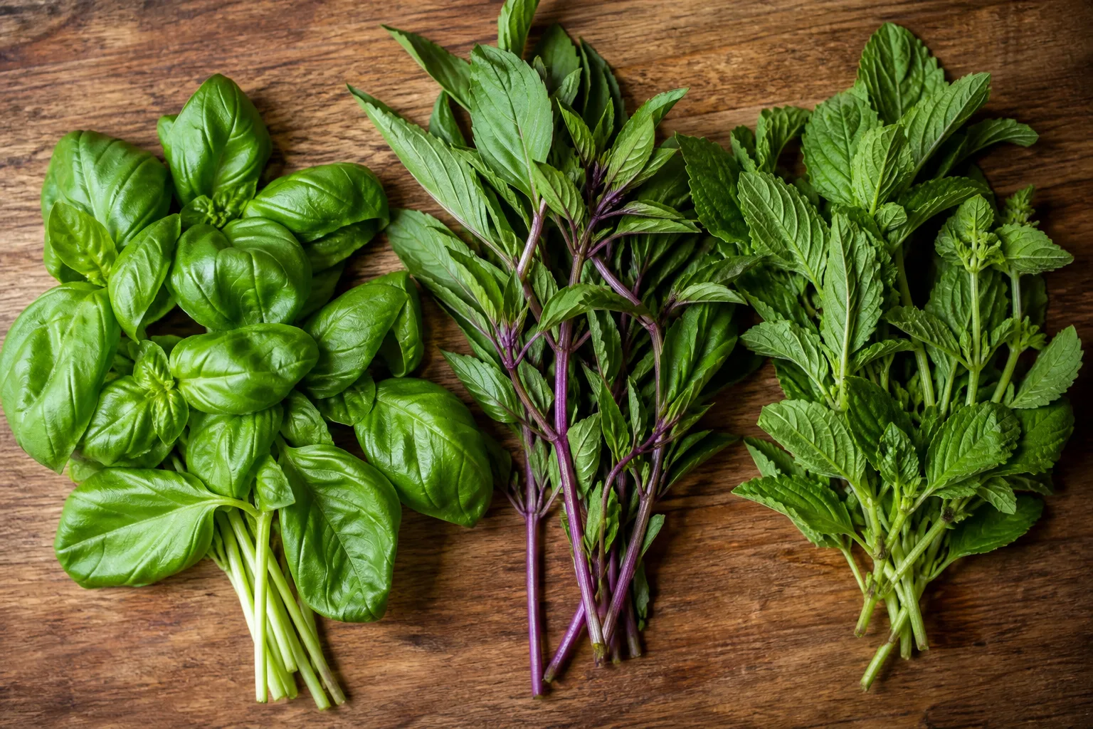 Three small bunches of Genovese, Thai, and holy basil arranged on a wooden board showing different leaf shapes