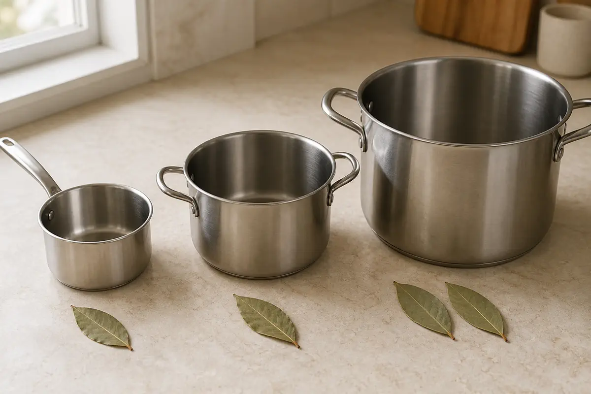 Small, medium, and large cooking pots beside one, one, and two dried bay leaves - bay leaf quantity | KnowTheSpices