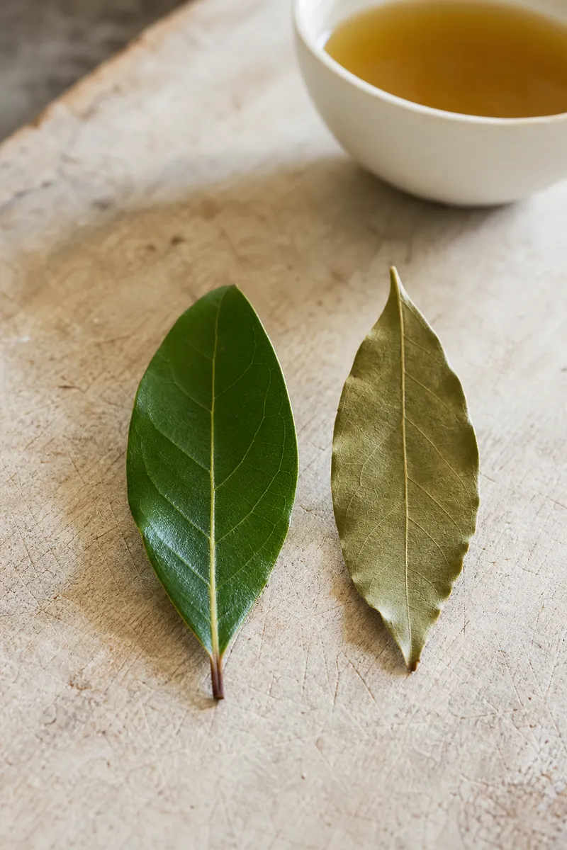 Fresh glossy Mediterranean bay leaf beside a dried olive-green bay leaf and a cup of infusion - fresh versus dried bay leaf | KnowTheSpices
