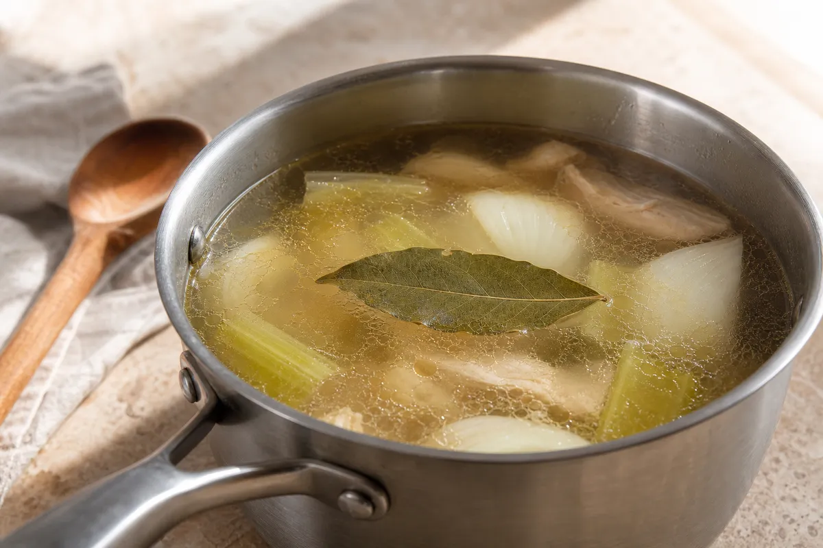Whole dried bay leaf infusing in chicken stock with onion and celery - bay leaf cooking time | KnowTheSpices