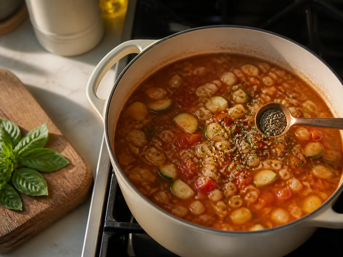 Dried basil added late to vegetable soup with fresh leaves kept off heat - bay leaf substitutes | KnowTheSpices
