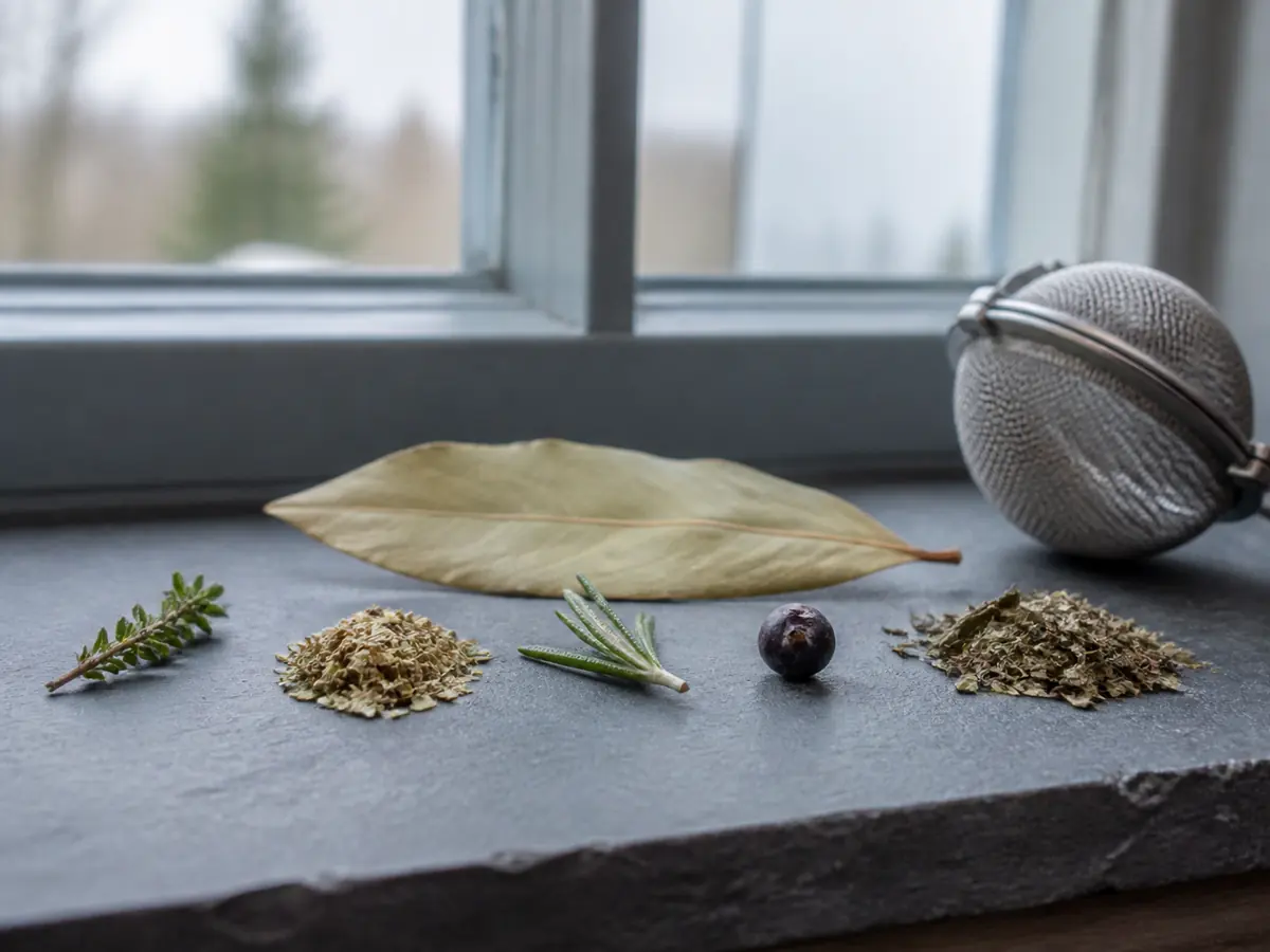Thyme, oregano, rosemary, juniper, and basil beside one dried bay leaf - bay leaf substitutes | KnowTheSpices