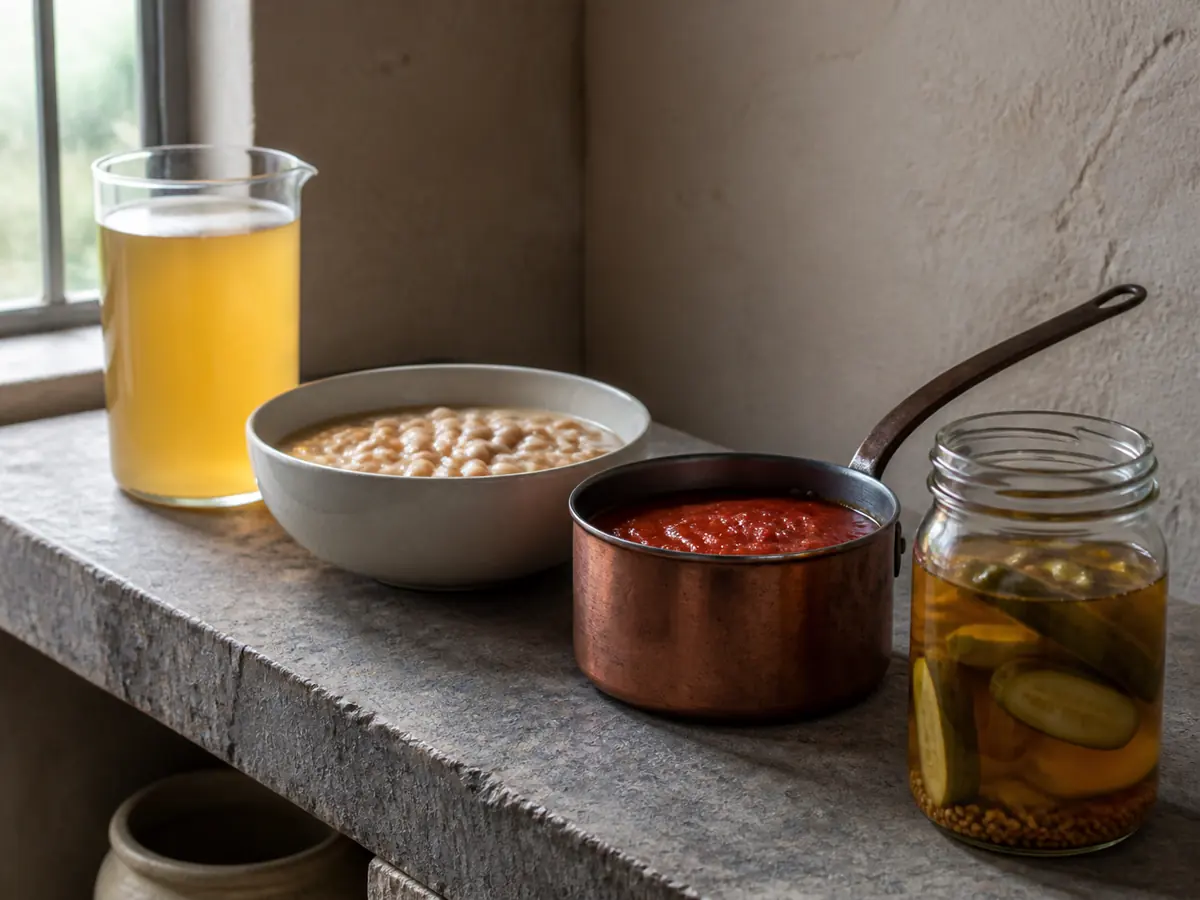 Clear stock, creamy beans, red tomato sauce, and cucumber brine showing bay leaf substitute uses - bay leaf substitutes by liquid | KnowTheSpices