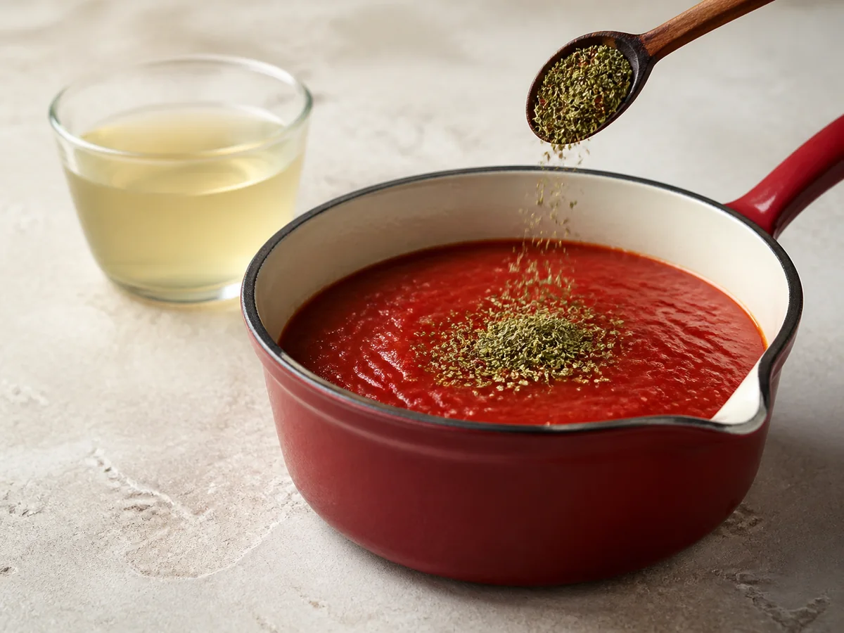 Dried oregano entering tomato sauce with clear broth left untouched - bay leaf substitutes | KnowTheSpices
