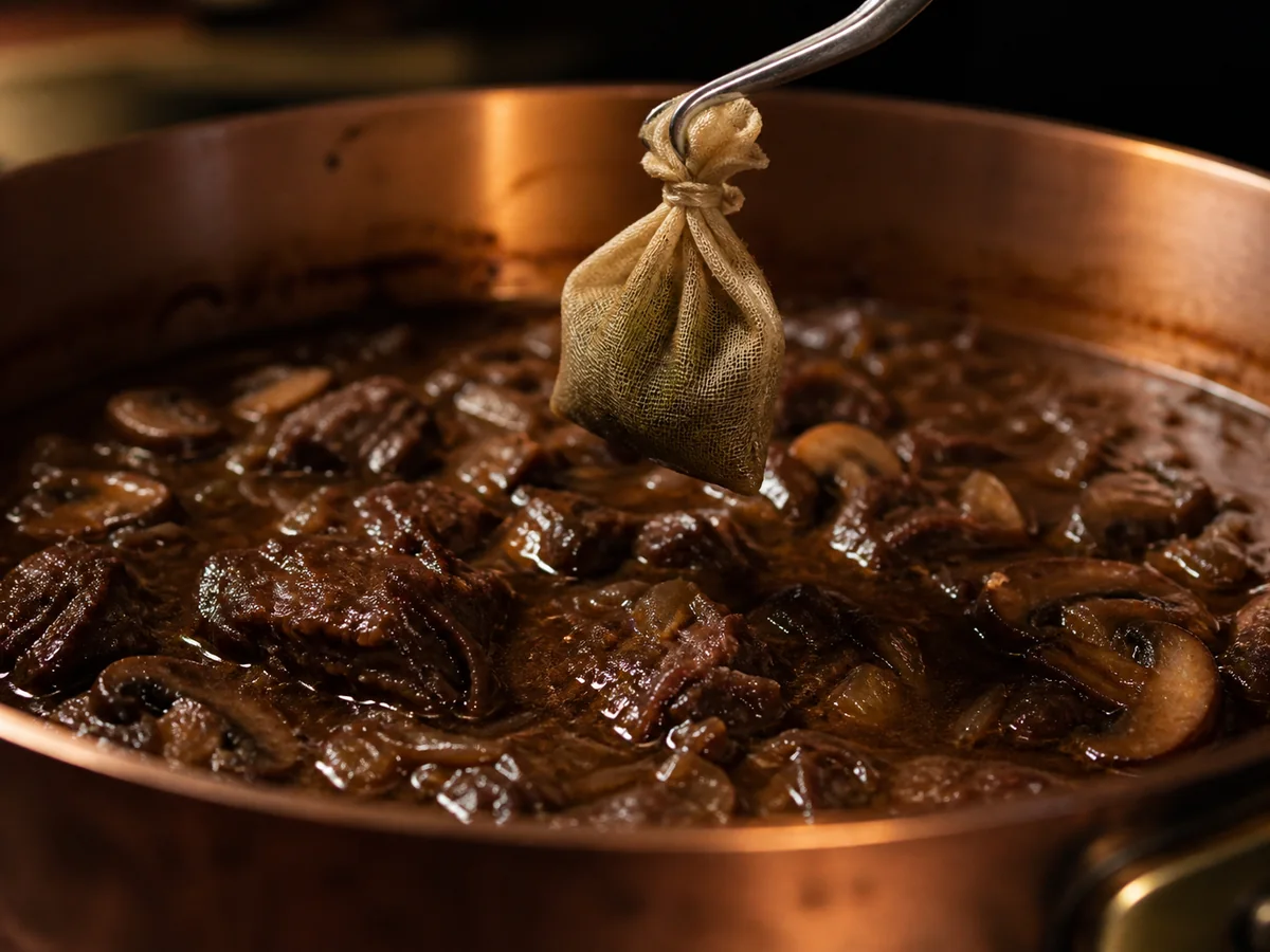 A small rosemary sachet lifted from a dark lamb and mushroom braise - bay leaf substitutes | KnowTheSpices